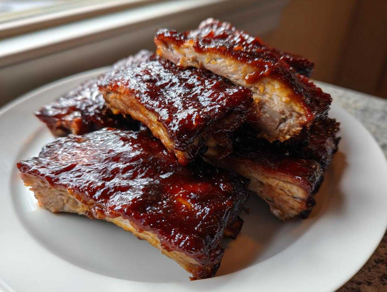 Kawałki soczystych żeberka pieczone w sosie BBQ, ułożone na białym talerzu.