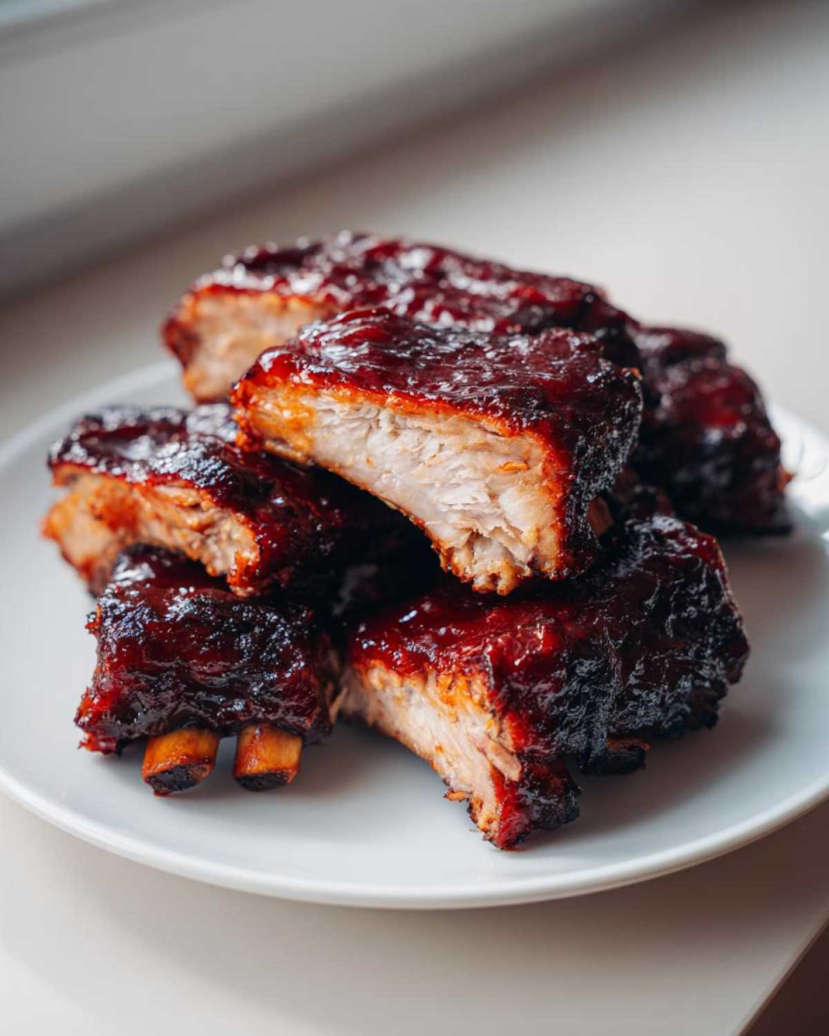 Kawałki soczystych żeberek pieczonych w sosie BBQ, ułożone na białym talerzu.