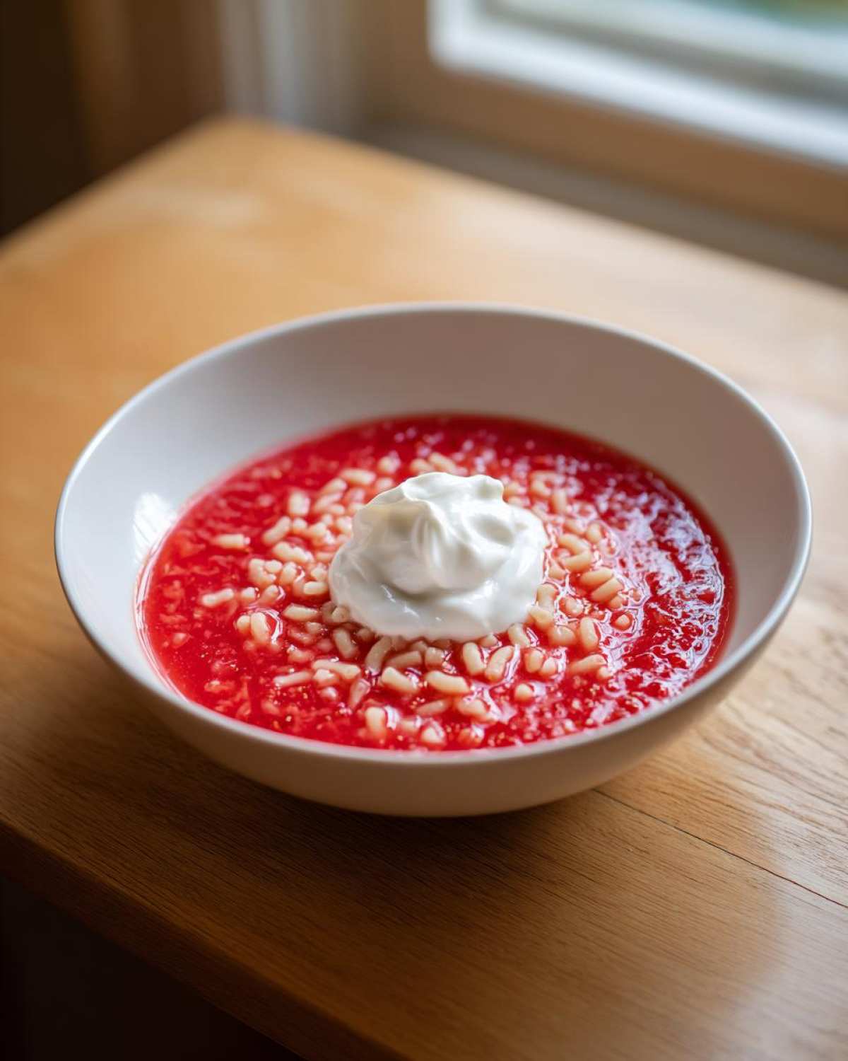 Miseczka zupy truskawkowej z makaronem i kleksem śmietany na drewnianym stole.