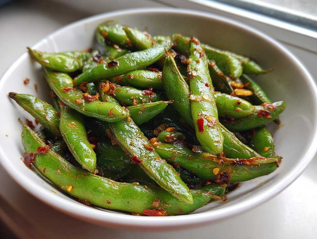 Zbliżenie na miskę pełną zielonego bobu smażonego z chili i czosnkiem.
