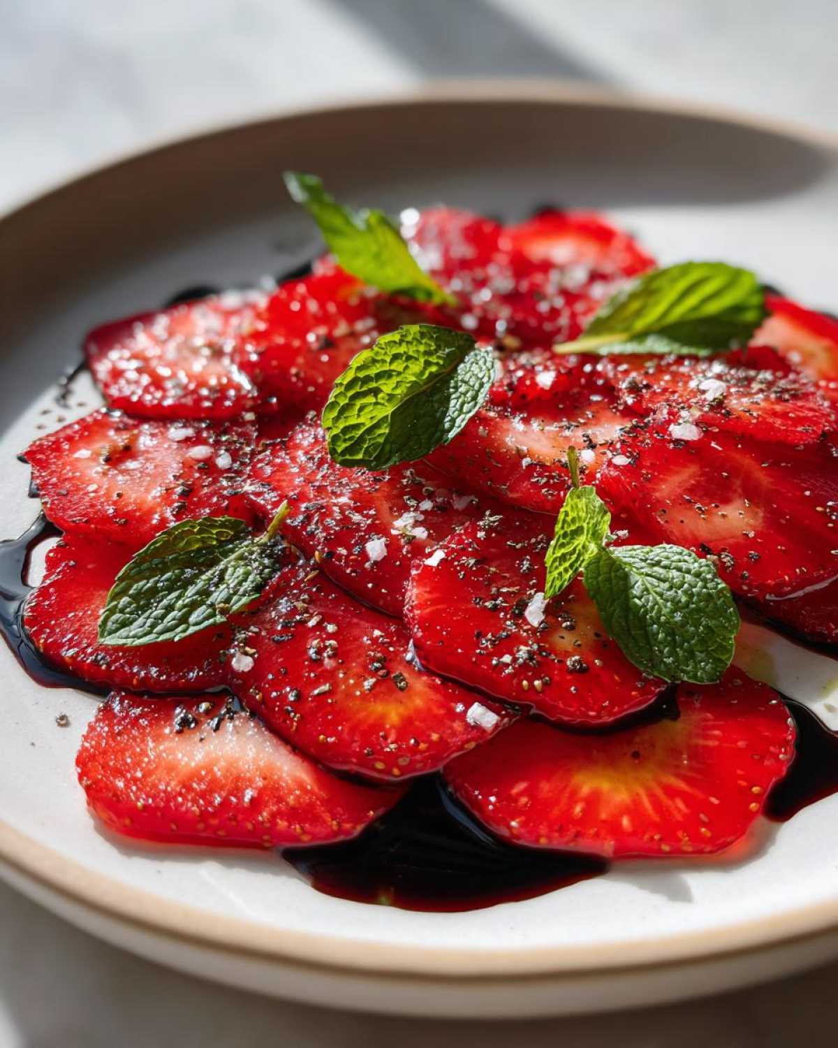Zbliżenie na talerz z Carpaccio z truskawek z octem balsamicznym, posypane solą i pieprzem, udekorowane listkami mięty.