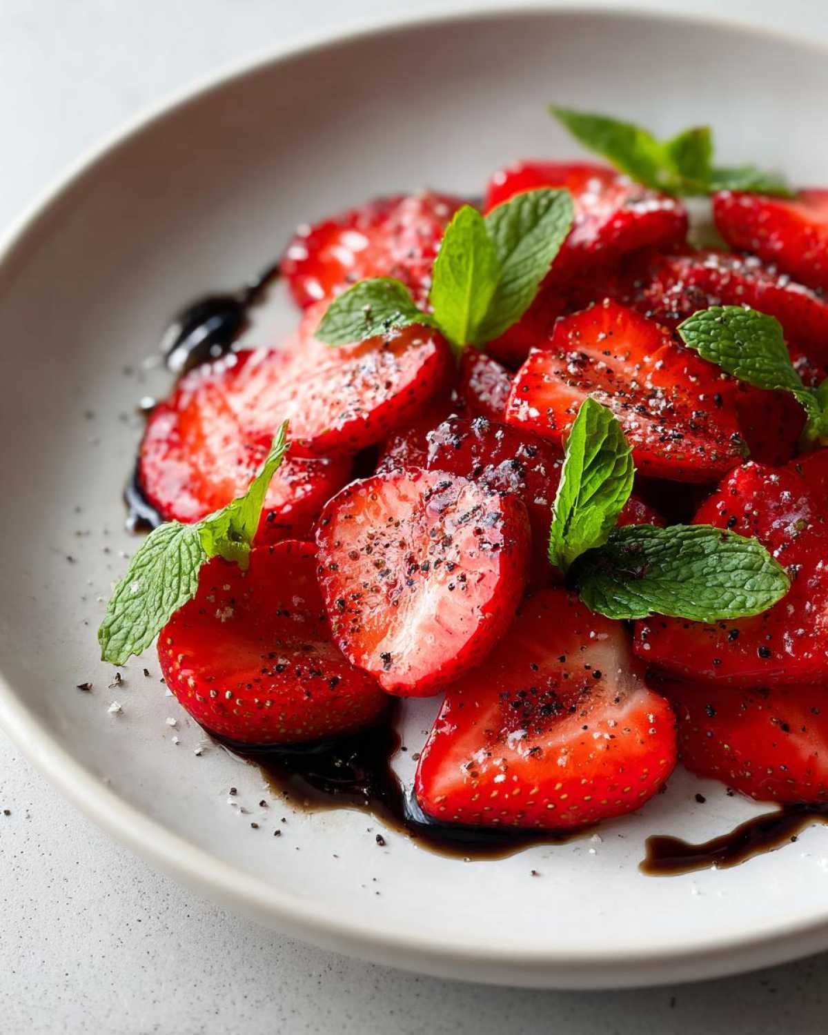 Zbliżenie na talerz z pokrojonymi truskawkami, polanymi octem balsamicznym i posypanymi pieprzem, udekorowane miętą.