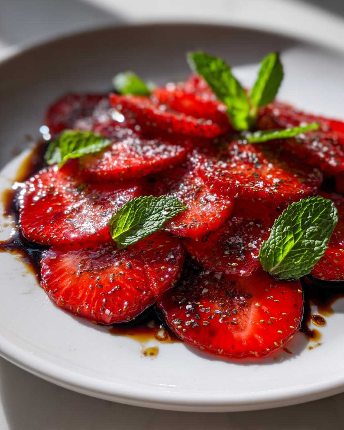 Zbliżenie na talerz z Carpaccio z truskawek z octem balsamicznym, udekorowane listkami mięty.