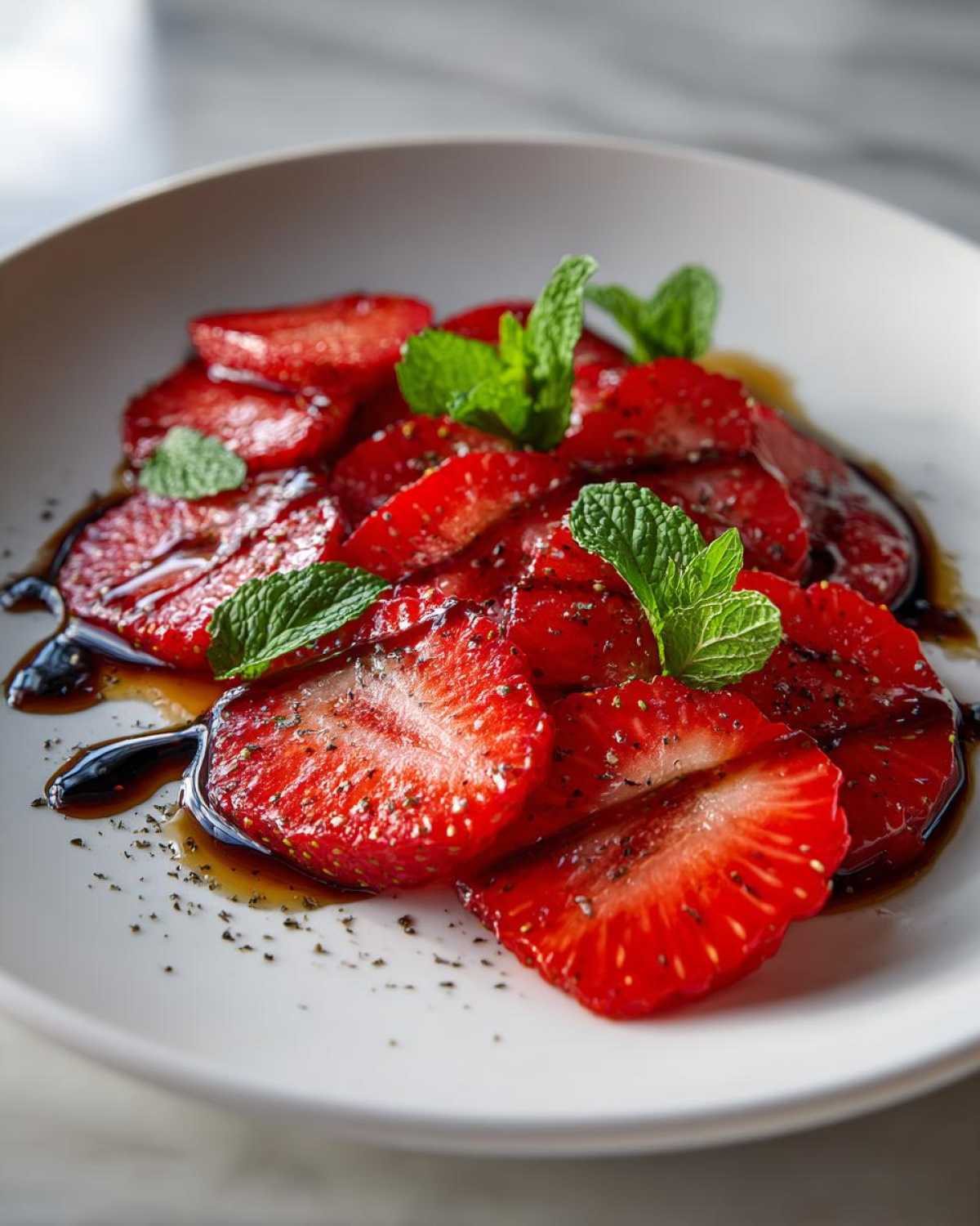 Zbliżenie na pokrojone truskawki polane octem balsamicznym i udekorowane miętą, idealne Carpaccio z truskawek z octem balsamicznym.