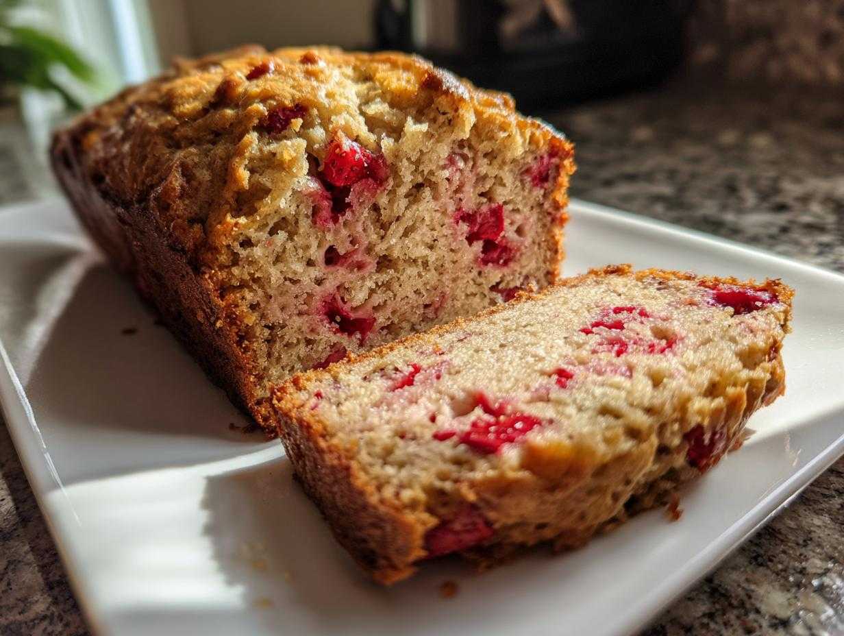 Zbliżenie na krojony chlebek bananowy z truskawkami, widoczna wilgotna struktura ciasta.