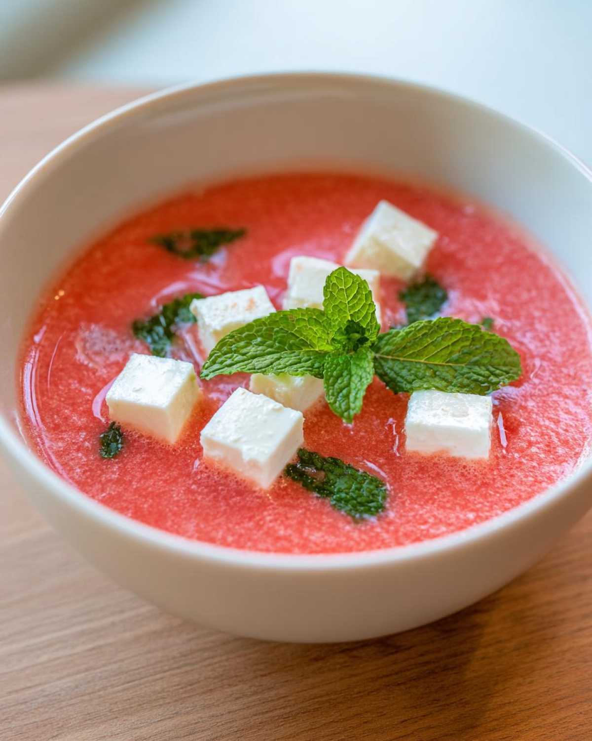 Zbliżenie na miskę Chłodnik z arbuzem i fetą, udekorowany kostkami sera feta i listkami mięty.