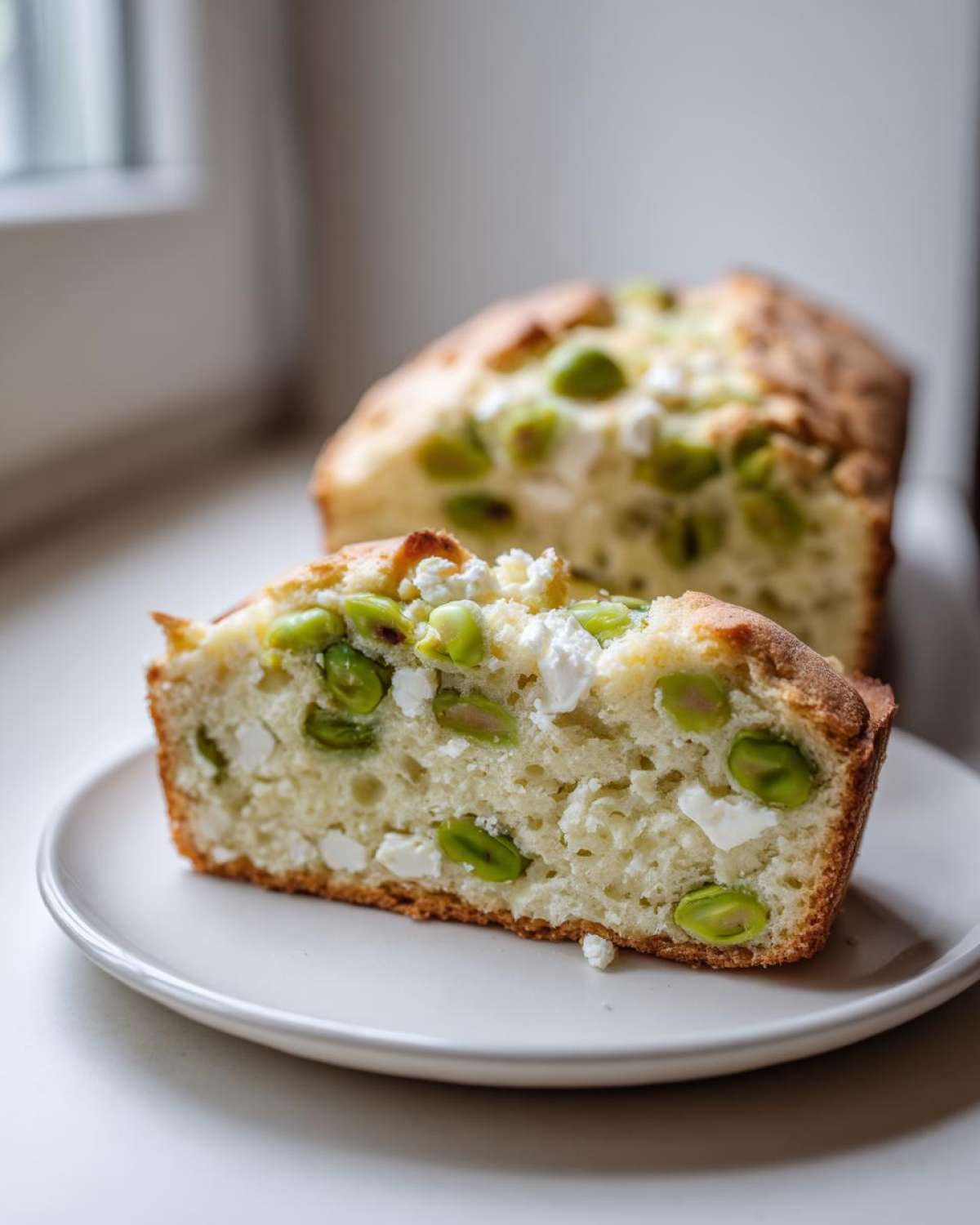 Przekrój Ciasta jogurtowego z bobem i fetą na talerzyku, widoczne ziarna bobu i ser feta.