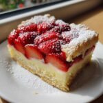 Kawałek ciasta z truskawkami i budyniem na białym talerzu, posypany cukrem pudrem.