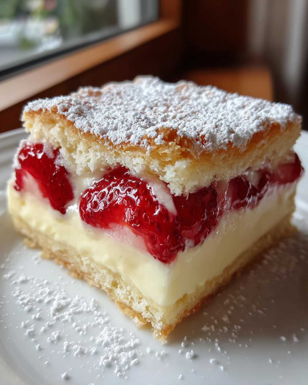 Kawałek ciasta z truskawkami i budyniem na białym talerzu, obficie posypany cukrem pudrem.
