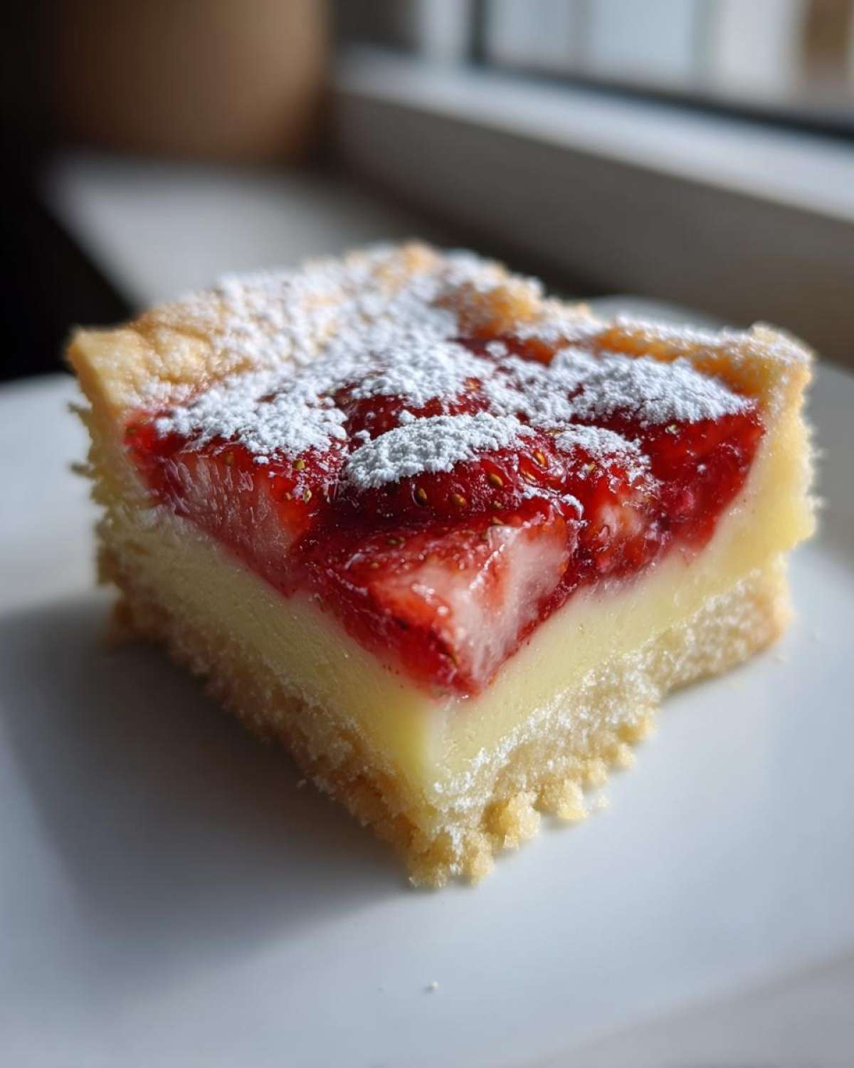 Zbliżenie na kawałek ciasta z truskawkami i budyniem, posypany cukrem pudrem, na białym talerzu.