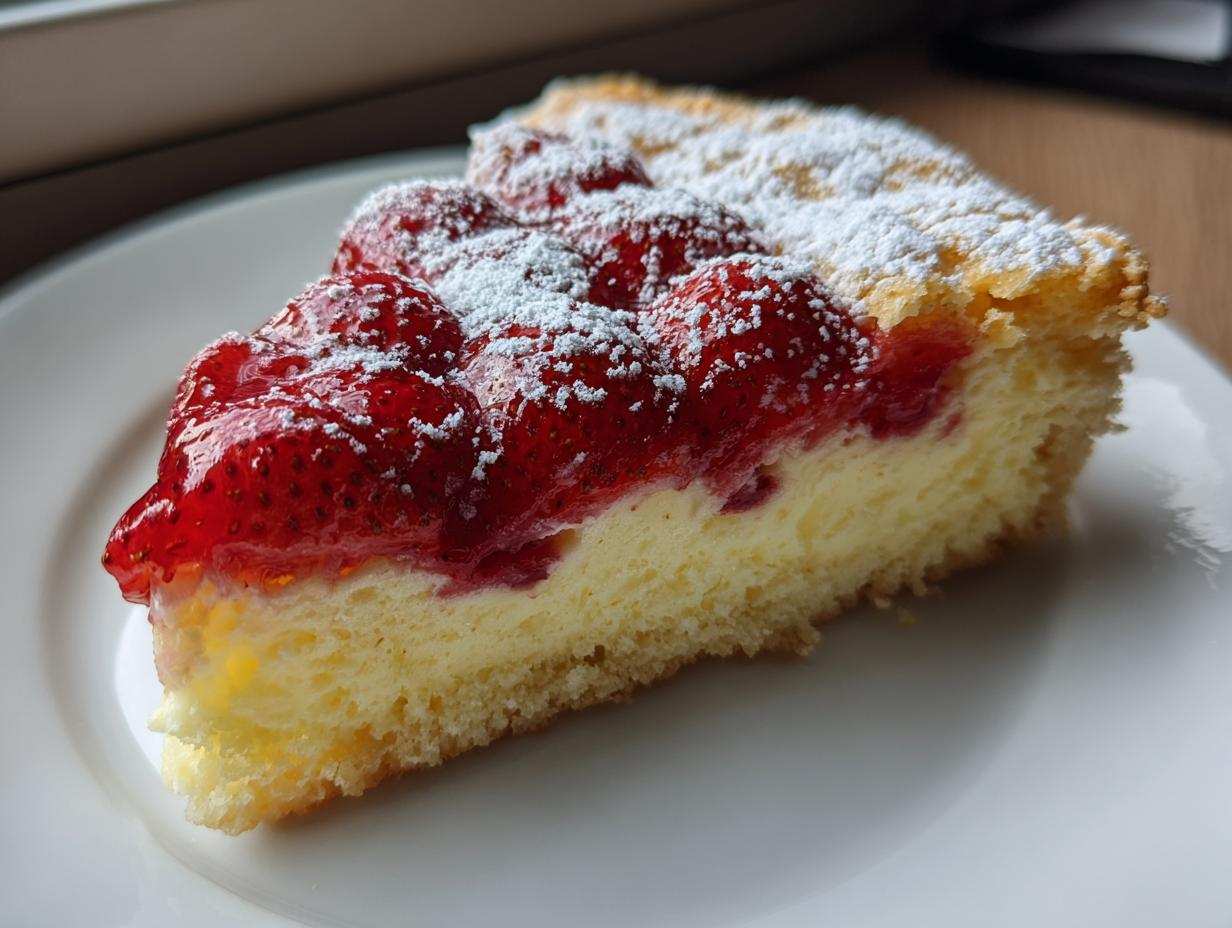 Kawałek pysznego ciasta z truskawkami i budyniem, posypany cukrem pudrem.