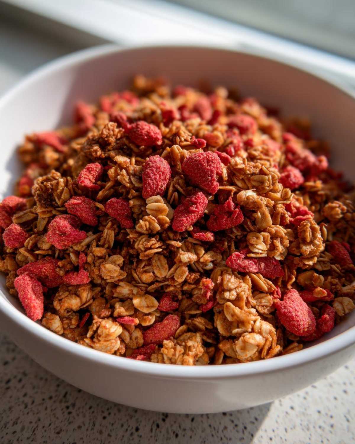 Zbliżenie na miskę pełną chrupiącej domowa granola z liofilizowanymi truskawkami.