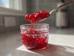Łyżka pełna gęstego, czerwonego dżem truskawkowy z wanilią i cytryną, nad słoikiem.