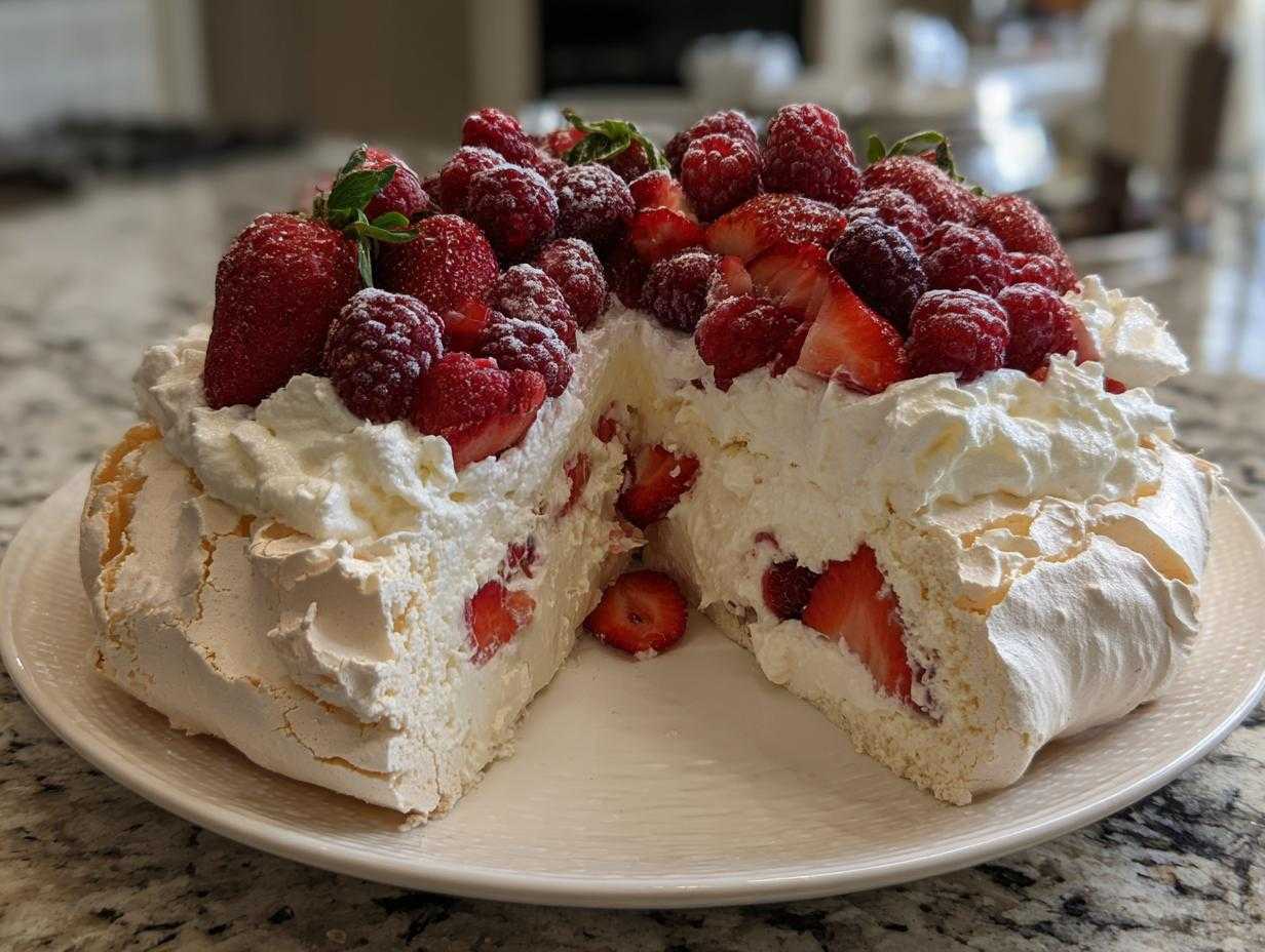 Przekrojona Pavlova z owocami jagodowymi, udekorowana bitą śmietaną, truskawkami i malinami.