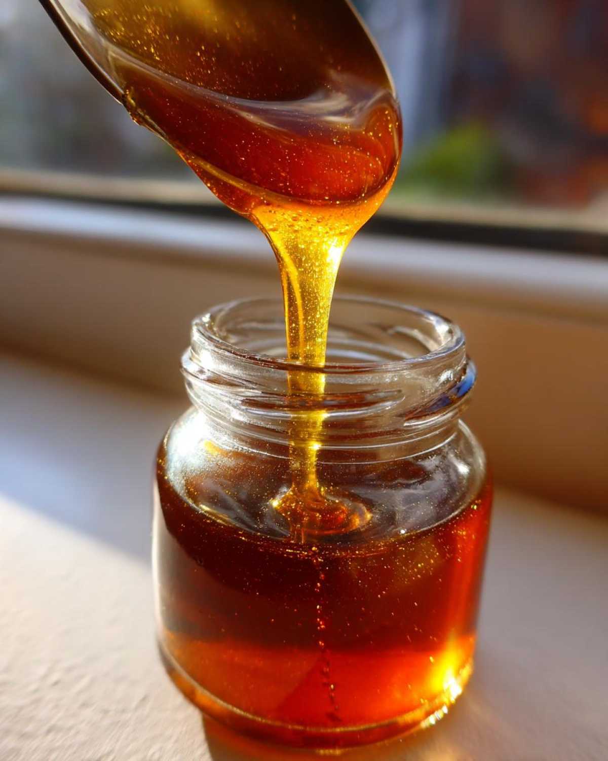 Gęsty, bursztynowy Syrop z pędów sosny spływający z łyżki do małego słoiczka.