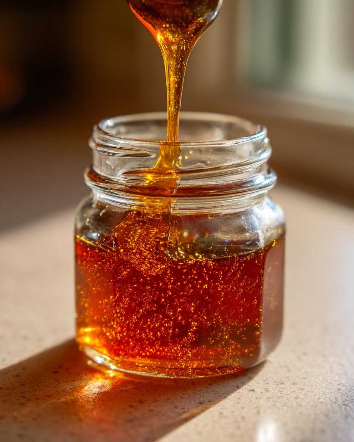 Gęsty, bursztynowy syrop z pędów sosny spływający z łyżki do małego szklanego słoika.