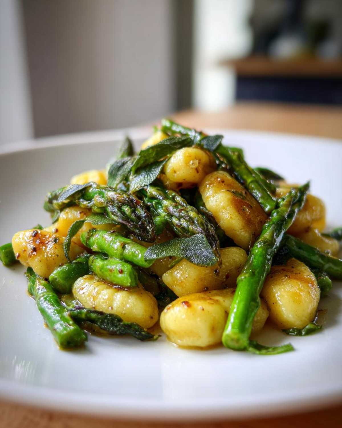 Zbliżenie na porcję Gnocchi ze szparagami w sosie maślanym, ozdobione szałwią.