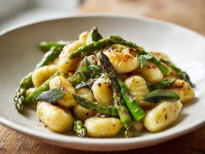 Zbliżenie na talerz z Gnocchi ze szparagami w sosie maślanym, posypane parmezanem i szałwią.