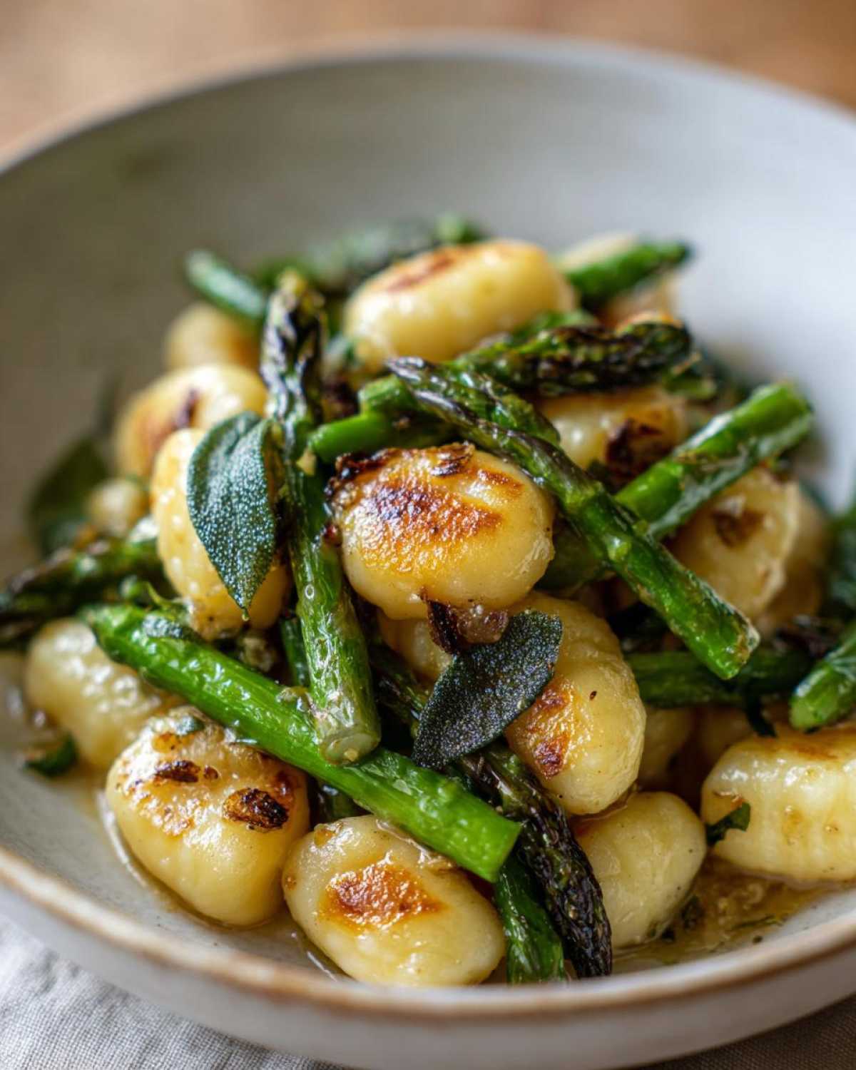 Zbliżenie na miskę Gnocchi ze szparagami w sosie maślanym, z podsmażonymi kopytkami i szparagami.