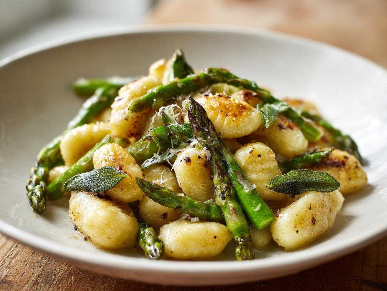 Zbliżenie na talerz z Gnocchi ze szparagami w sosie maślanym, posypane parmezanem i szałwią.