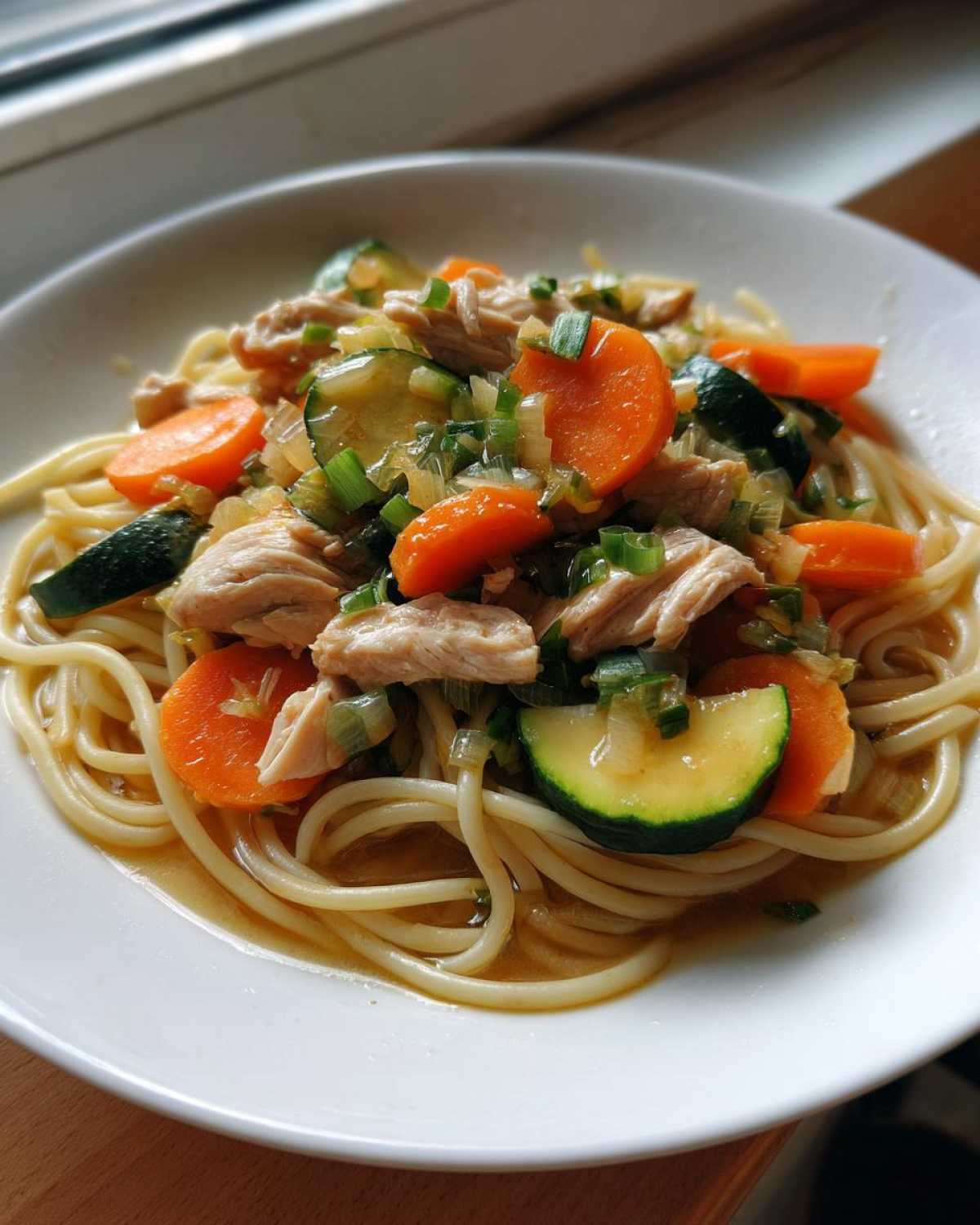 Porcja Gulasz z młodych warzyw z kurczakiem podana na makaronie spaghetti w białym talerzu.