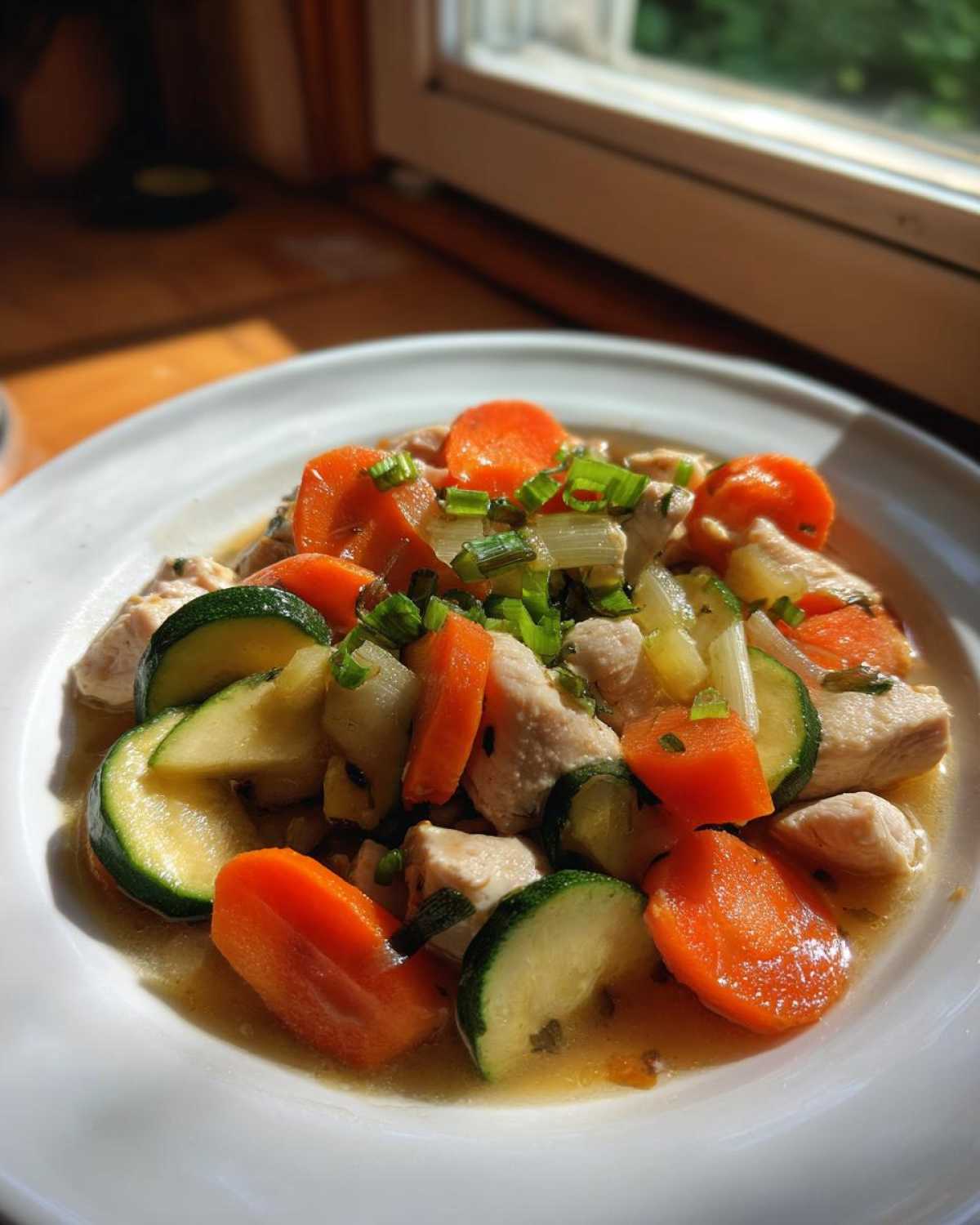 Porcja Gulasz z młodych warzyw z kurczakiem z kawałkami marchewki i cukinii na białym talerzu.