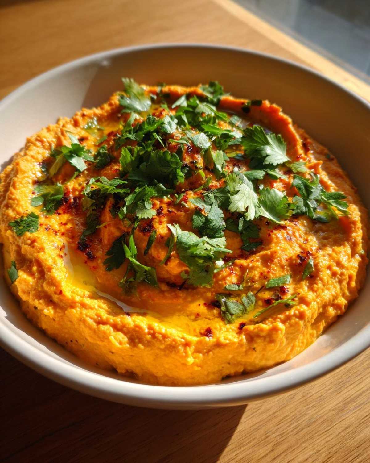 Gęsty, pomarańczowy hummus z pieczoną marchwią i kolendrą, polany oliwą, w jasnej misce.