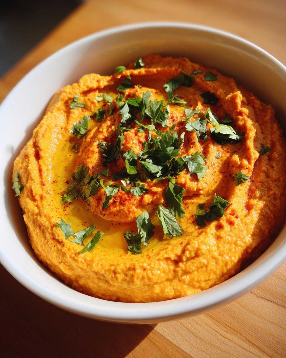 Kremowy Hummus z pieczoną marchwią i kolendrą polany oliwą i posypany natką pietruszki.