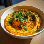 Pomarańczowy hummus z pieczoną marchwią i kolendrą, polany oliwą i posypany przyprawami w białej misce.