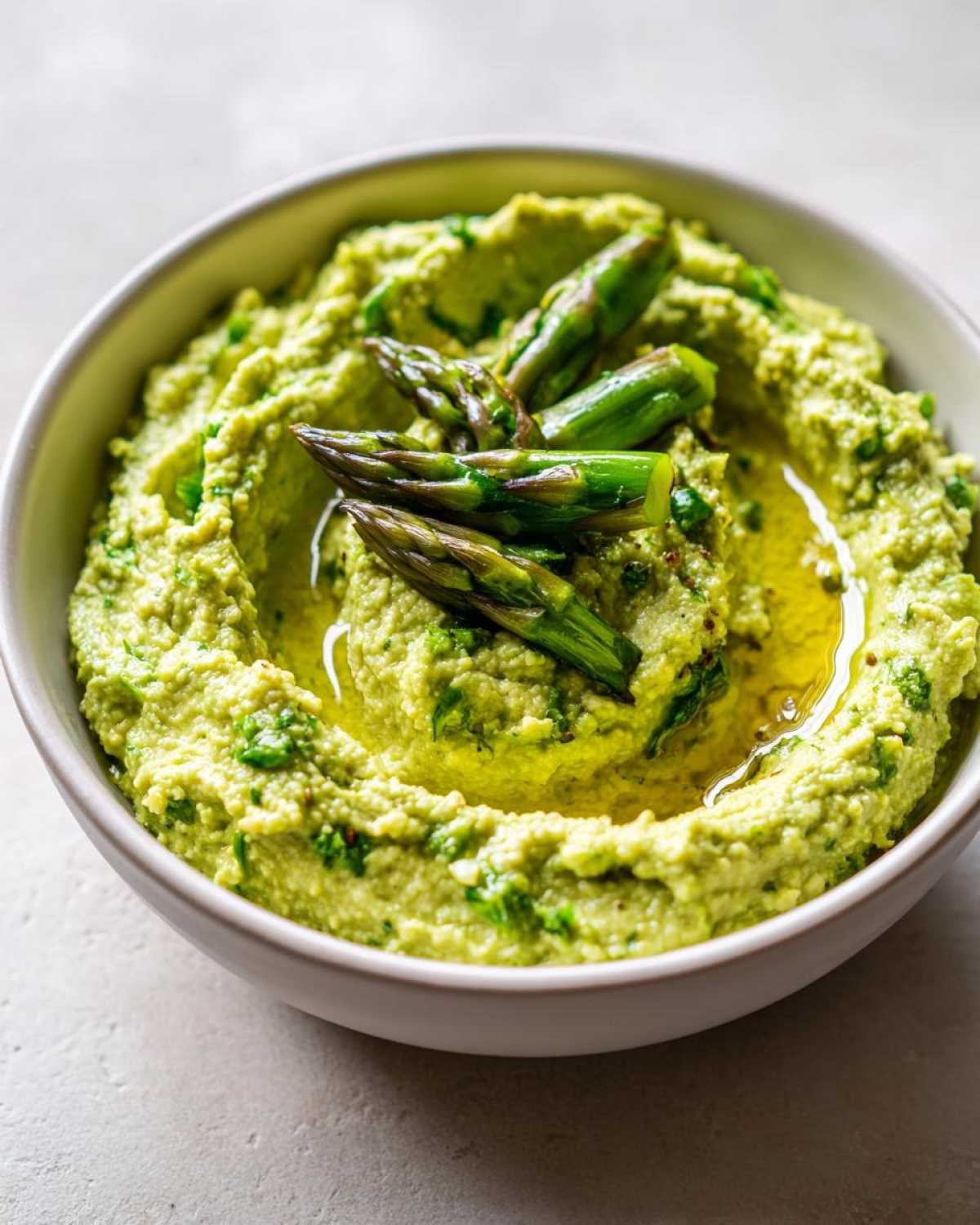 Zbliżenie na zielony hummus ze szparagami, polany oliwą z oliwek w jasnej misce.