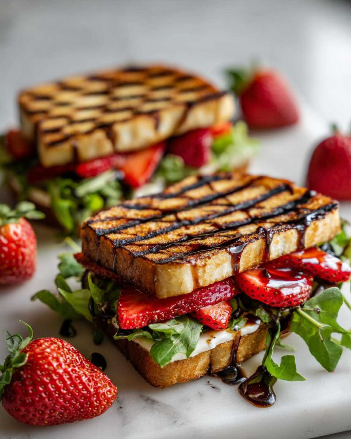 Kanapka z grillowanym halloumi, truskawkami, rukolą i sosem balsamicznym, idealna do sałatki z grillowanym halloumi i truskawkami.