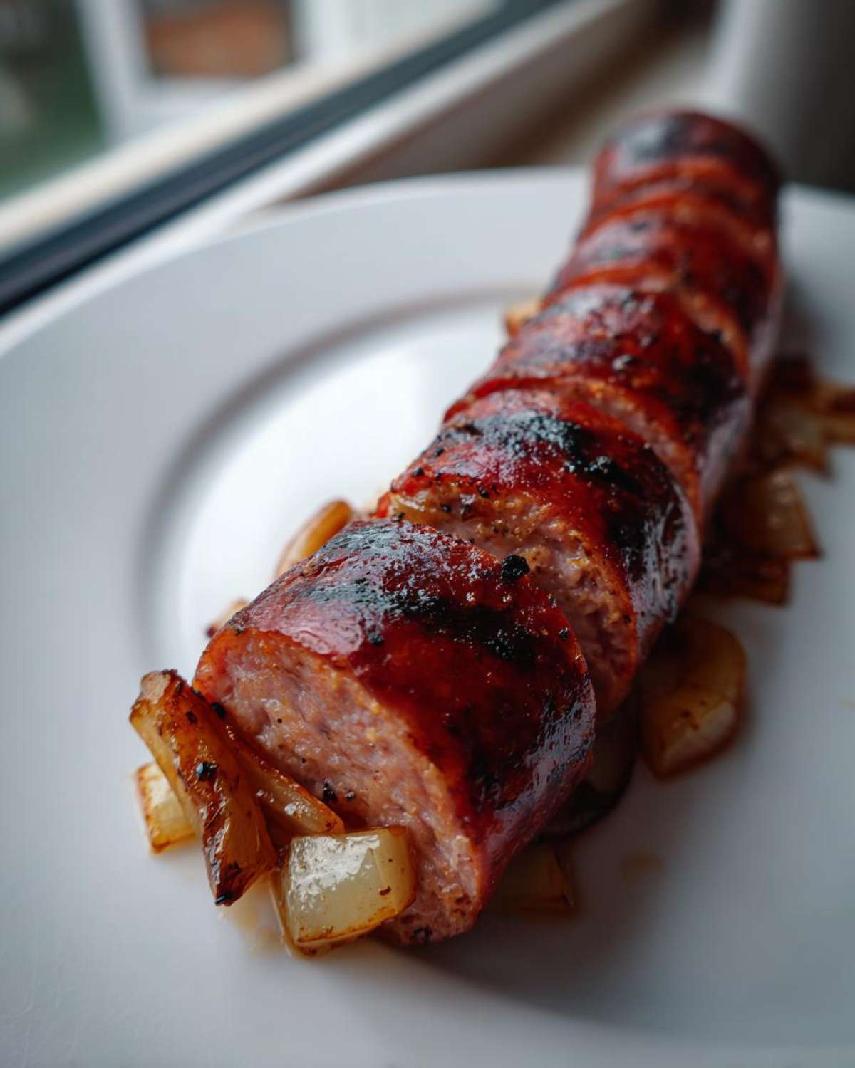 Zbliżenie na pokrojoną i grillowaną kaszankę z jabłkiem i cebulą na białym talerzu.