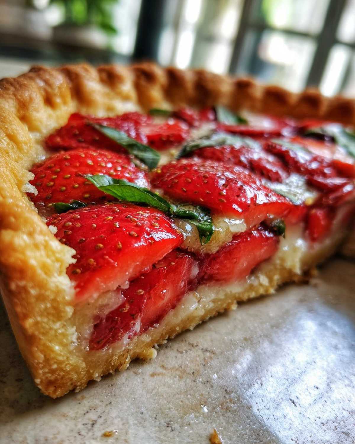 Zbliżenie na kawałek Tarta rustykalna z truskawkami i bazylią z chrupiącym ciastem i błyszczącymi owocami.