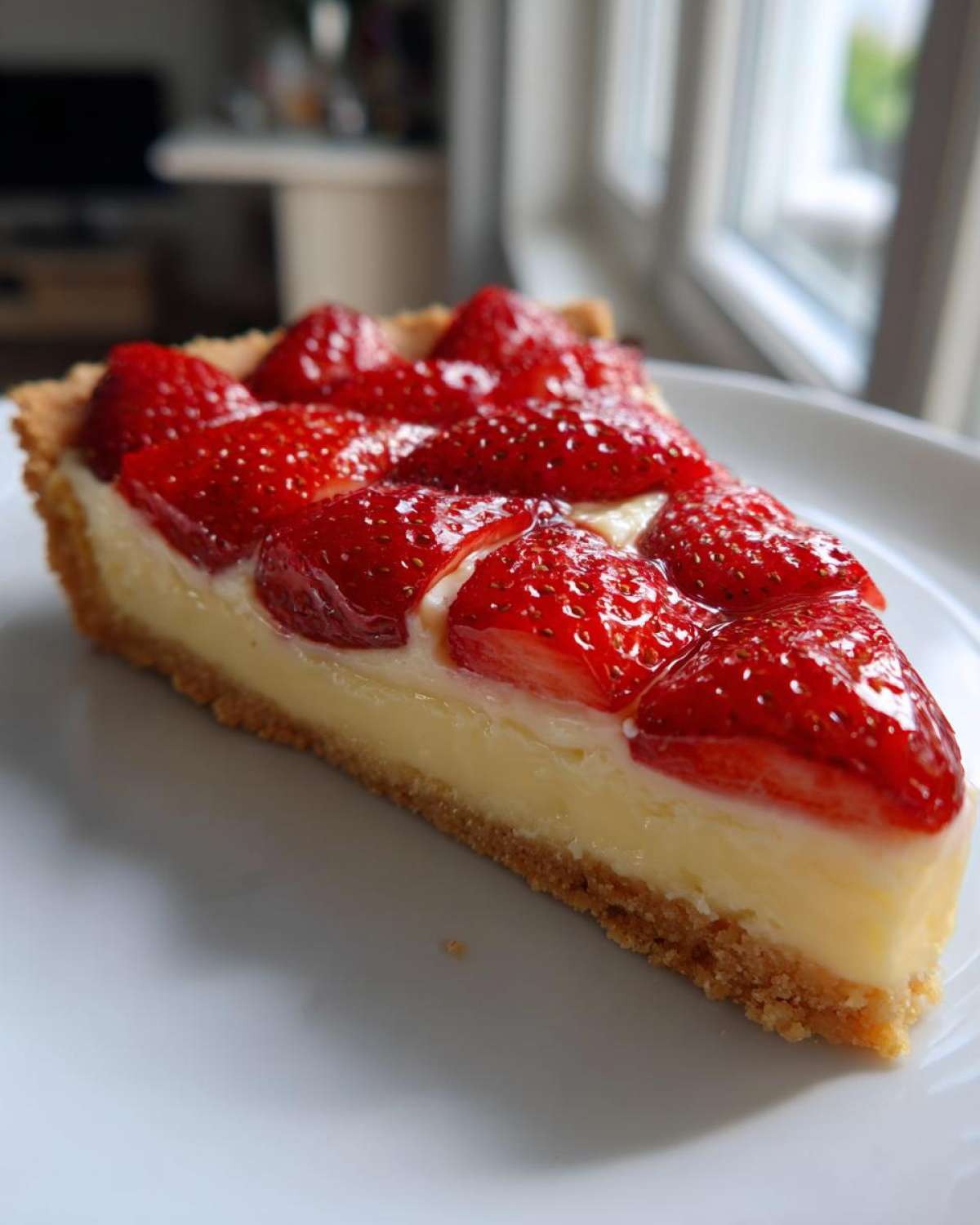 Kawałek Tarta truskawkowa z kremem patissiere z kruchym spodem i błyszczącymi truskawkami na jasnym talerzu.