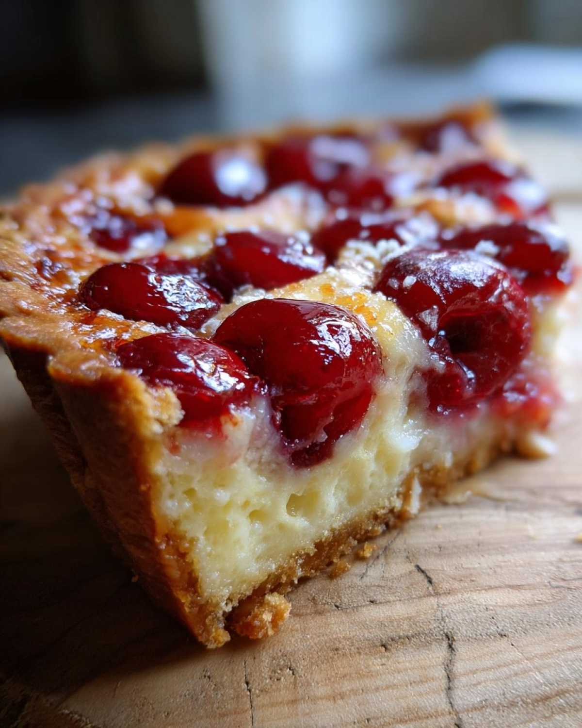 Zbliżenie na kawałek Tarta z czereśniami i migdałami z kremowym nadzieniem i błyszczącymi wiśniami na wierzchu.