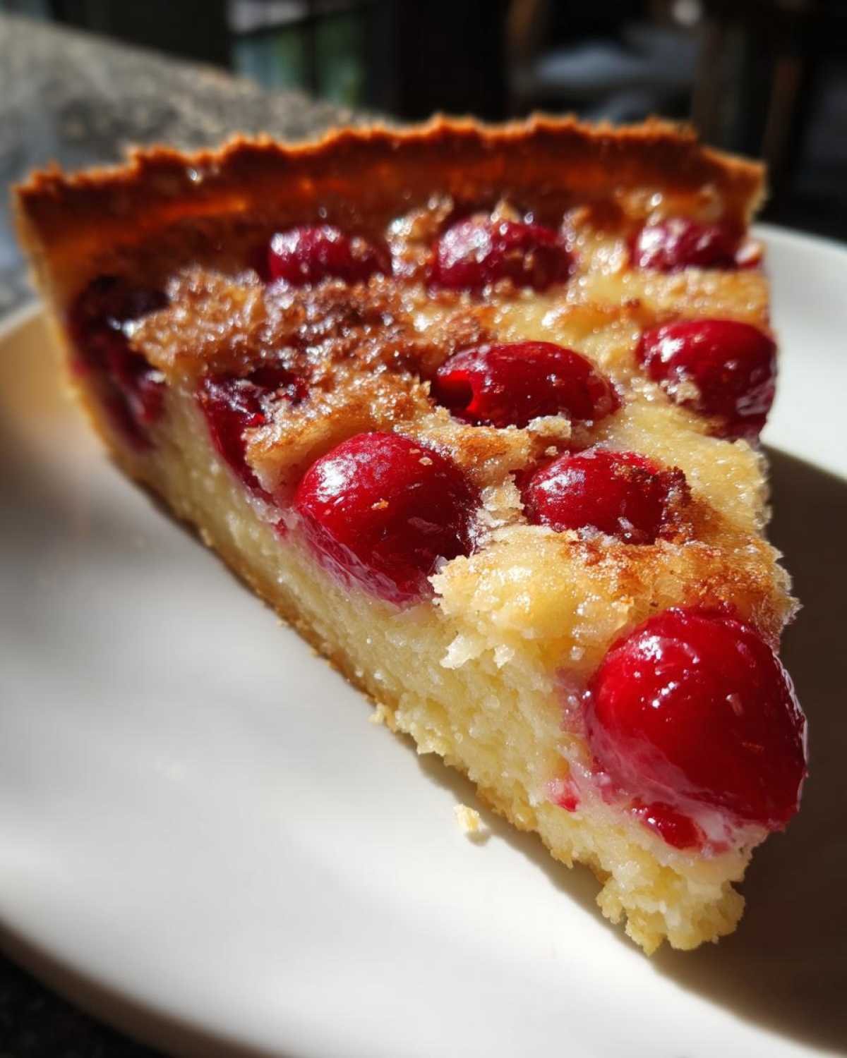 Zbliżenie na kawałek Tarta z czereśniami i migdałami z chrupiącą skórką i soczystymi wiśniami.