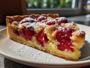 Zbliżenie na kawałek Tarta z czereśniami i migdałami, obficie wypełniona wiśniami i posypana cukrem pudrem.