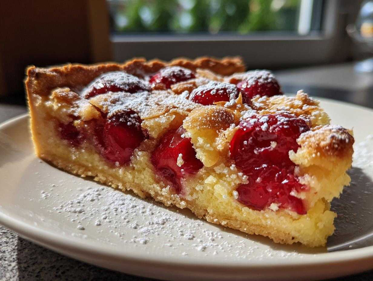 Zbliżenie na kawałek Tarta z czereśniami i migdałami, obficie wypełniona wiśniami i posypana cukrem pudrem.
