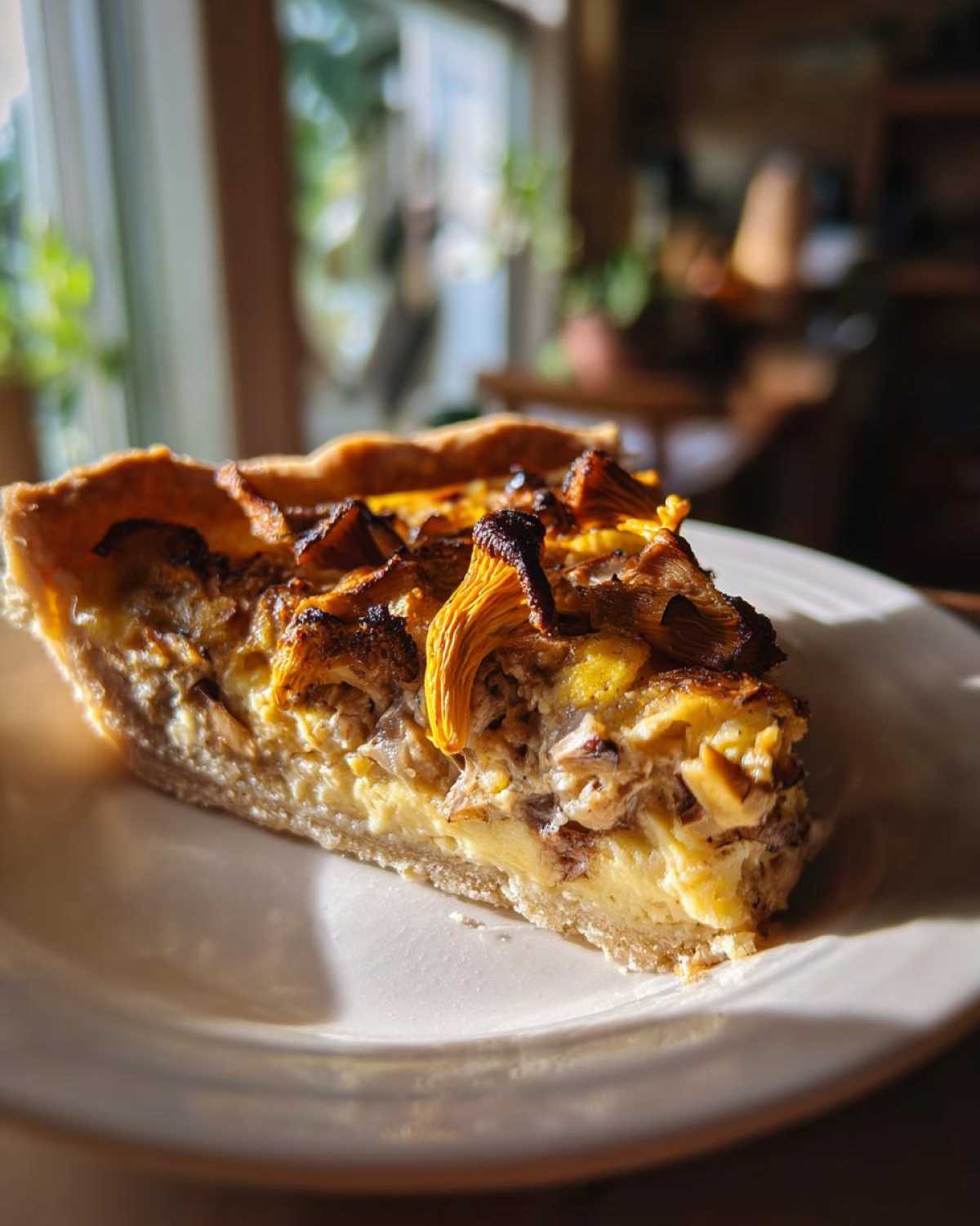 Zbliżenie na kawałek Tarta z kurkami i śmietaną na białym talerzu, oświetlony naturalnym światłem.