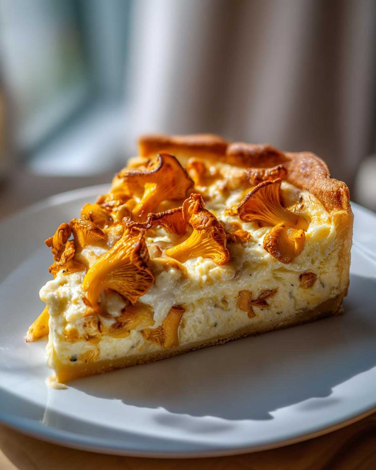 Kawałek pysznej Tarta z kurkami i śmietanką z widocznymi kurkami na kremowym nadzieniu.