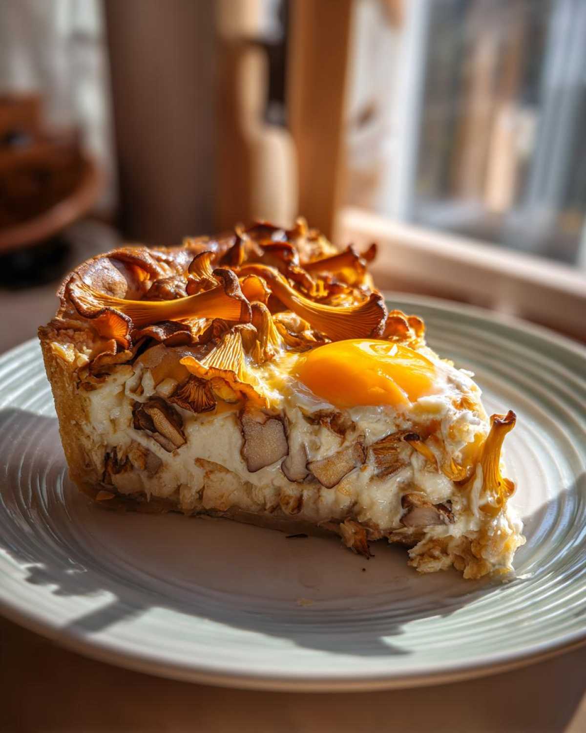 Kawałek Tarta z kurkami i śmietaną na talerzu, z widocznym żółtkiem sadzonego jajka na wierzchu.