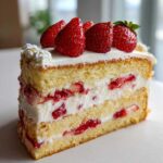 Zbliżenie na kawałek tortu truskawkowego z kremem mascarpone, przełożonego biszkoptem i udekorowanego świeżymi truskawkami.