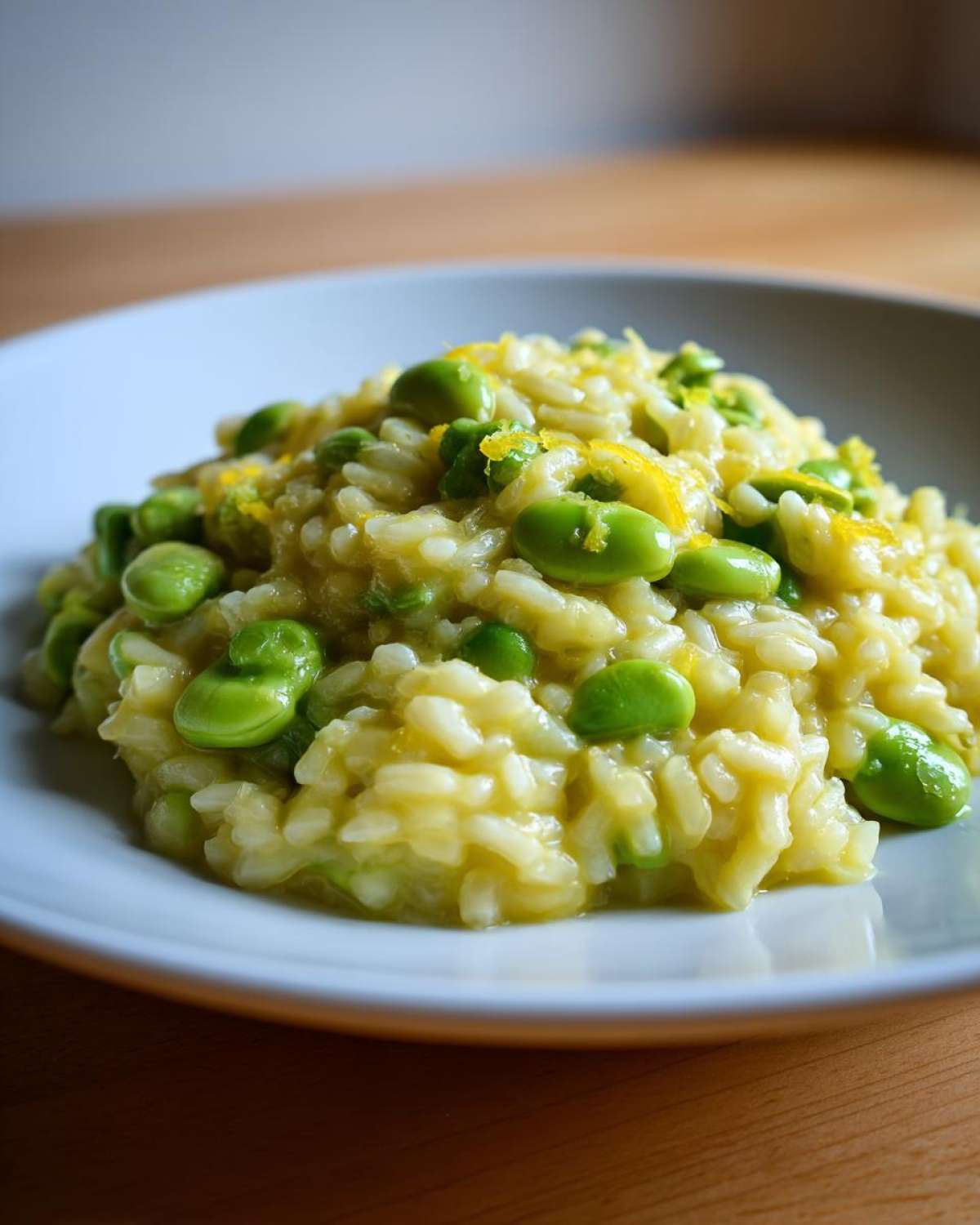 Kremowe Risotto z bobem i cytryną podane na białym talerzu, widoczne zielone ziarna bobu i skórka cytrynowa.
