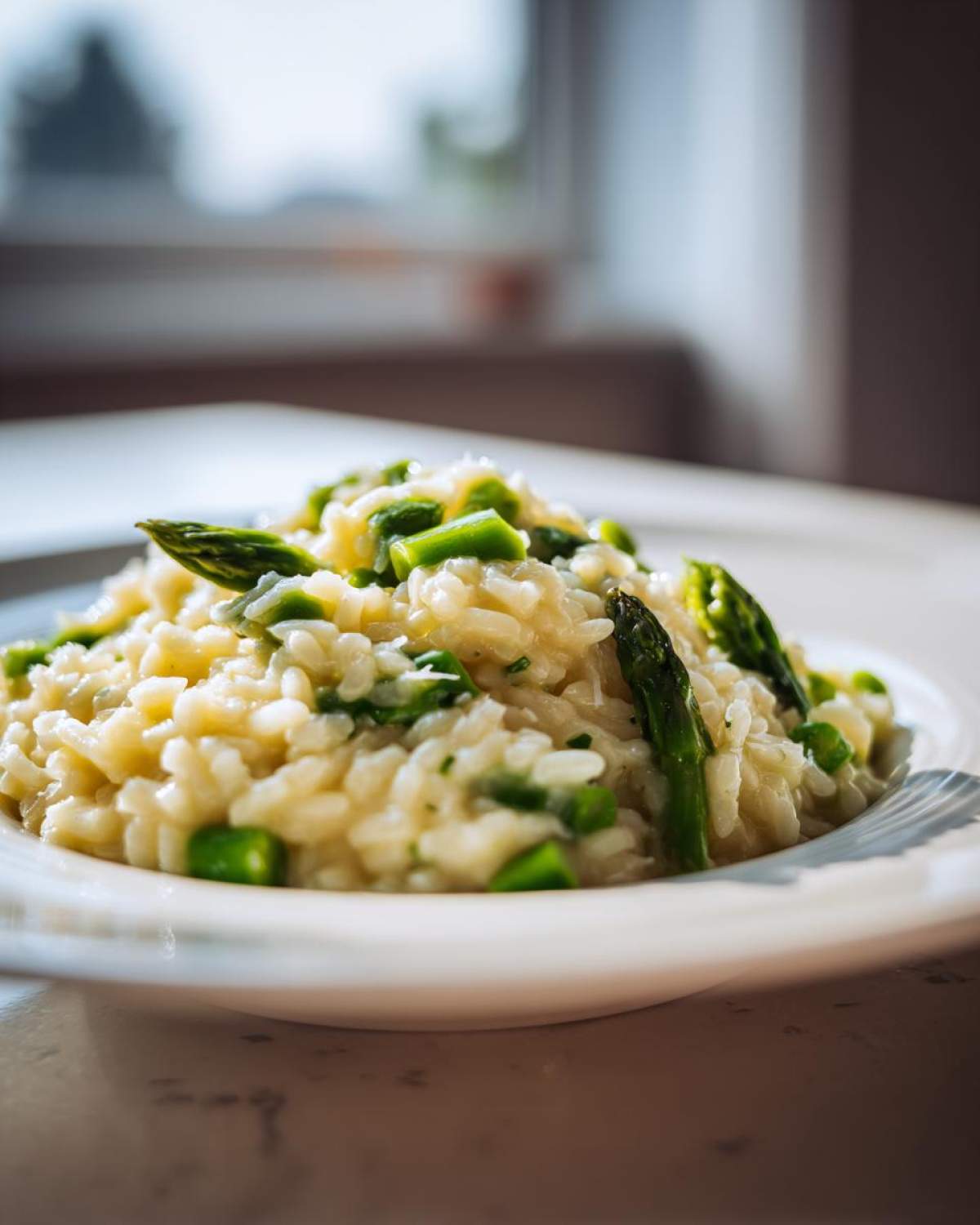 Kremowe Risotto ze szparagami i parmezanem podane na białym talerzu, z widocznymi kawałkami zielonych szparagów.