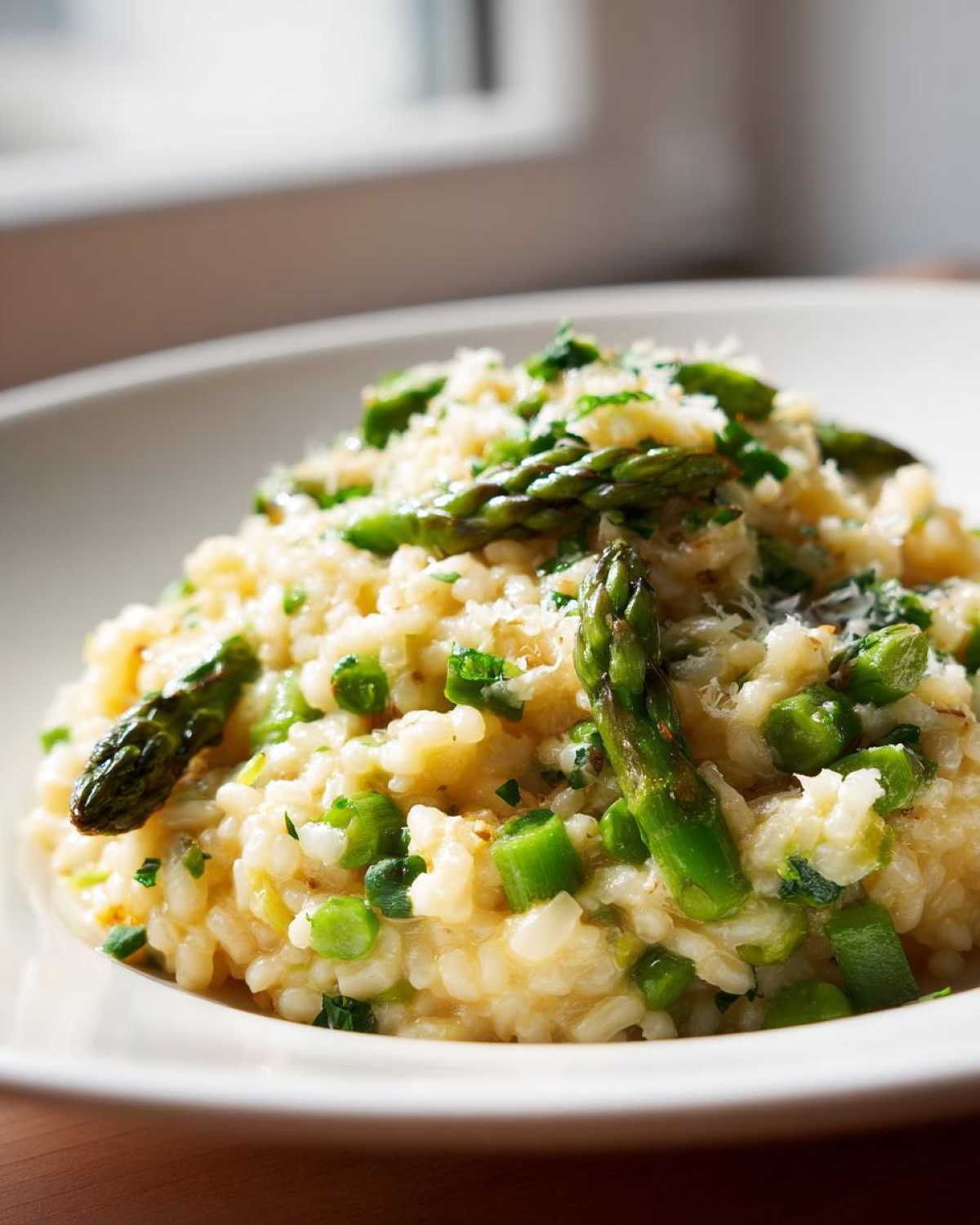 Zbliżenie na kremowe Risotto ze szparagami i parmezanem posypane tartym serem.