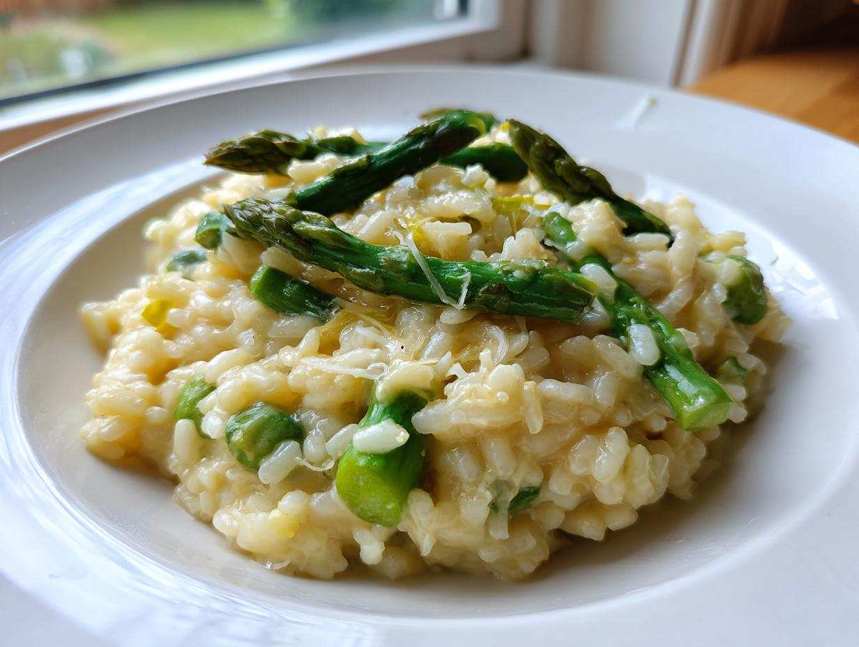 Kremowe Risotto ze szparagami i parmezanem podane na białym talerzu, z widocznymi kawałkami zielonych szparagów.
