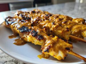 Zbliżenie na grillowane Kurczak szaszłyki z masłem orzechowym polane gęstym sosem satay na białym talerzu.