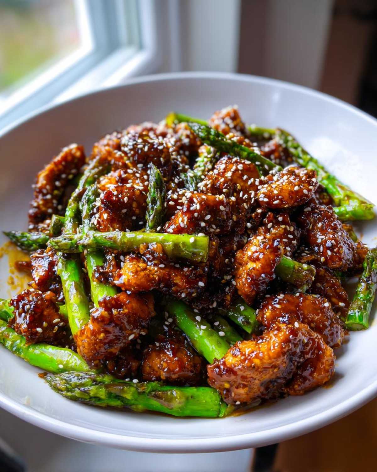 Apetyczny Kurczak Teriyaki ze szparagami i sezamem podany w białej misce.