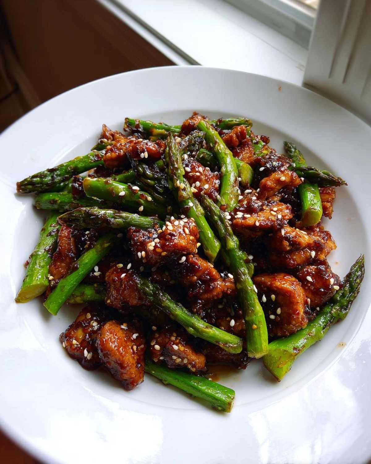 Porcja Kurczak Teriyaki ze szparagami i sezamem w słodko-słonym sosie na białym talerzu.