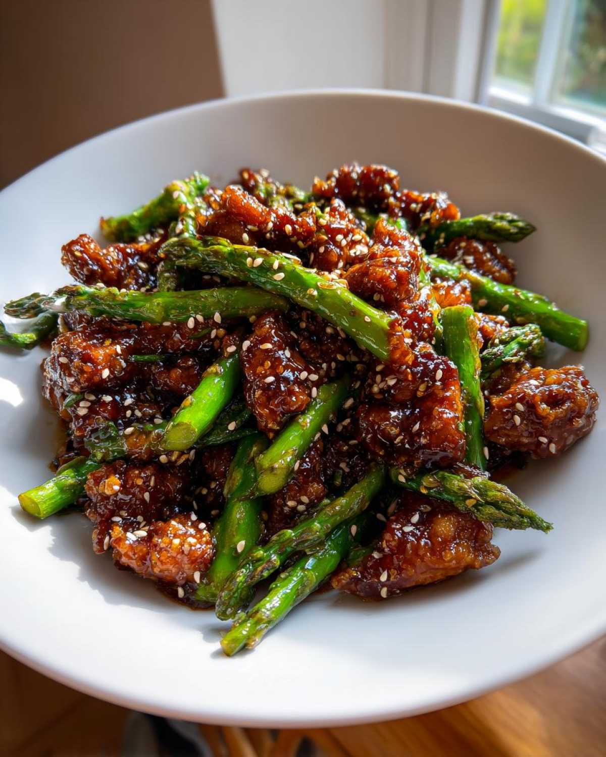 Zbliżenie na miskę pełną Kurczak Teriyaki ze szparagami i sezamem, polanego sosem.